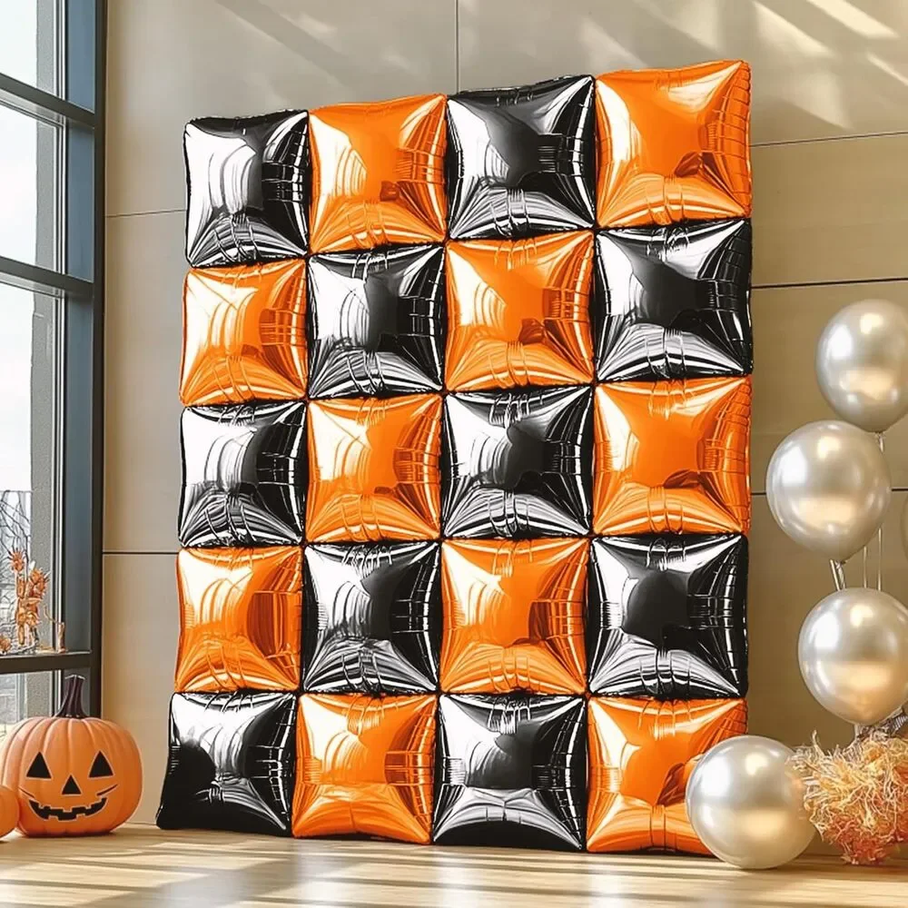 25PCS Halloween Black Orange Square Foil Balloons Wall Backdrop Double Sided